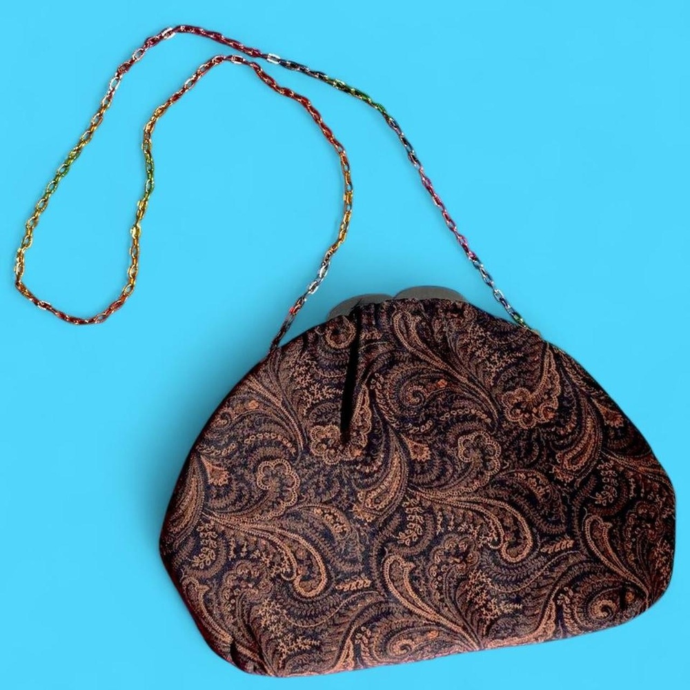 1940s brown & black velvet paisley oval shoulder bag w/ long gold chain